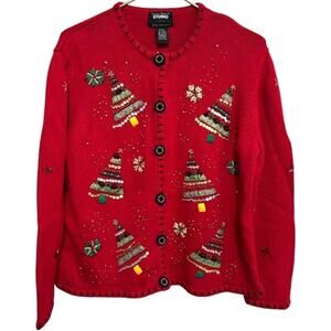Vintage Christmas Sweater XL Petite Red Beaded Tree Embroidered Holiday Cardigan